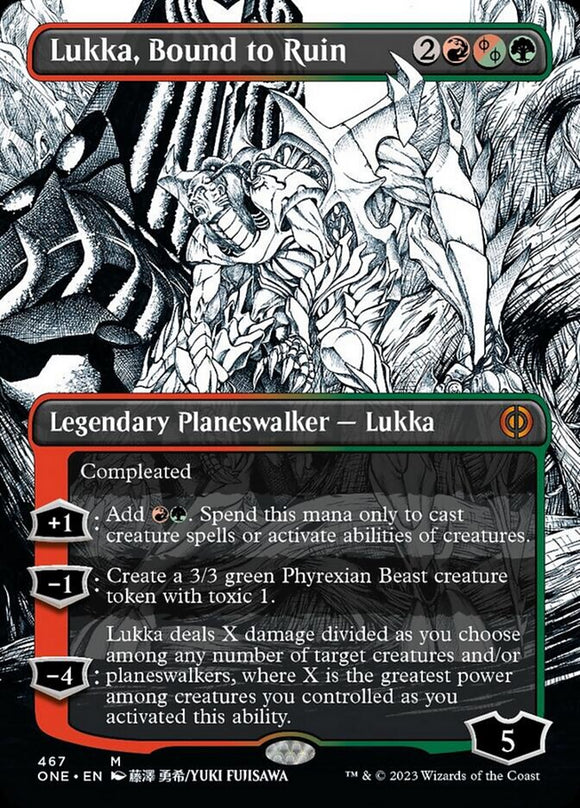 Lukka, Bound to Ruin (Borderless) (Step-And-Compleat Foil) [Phyrexia: All Will Be One][FOIL]