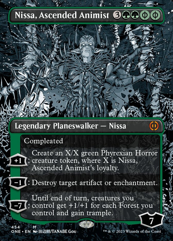 Nissa, Ascended Animist (Borderless) (Step-and-Compleat Foil) [Phyrexia: All Will Be One][FOIL]